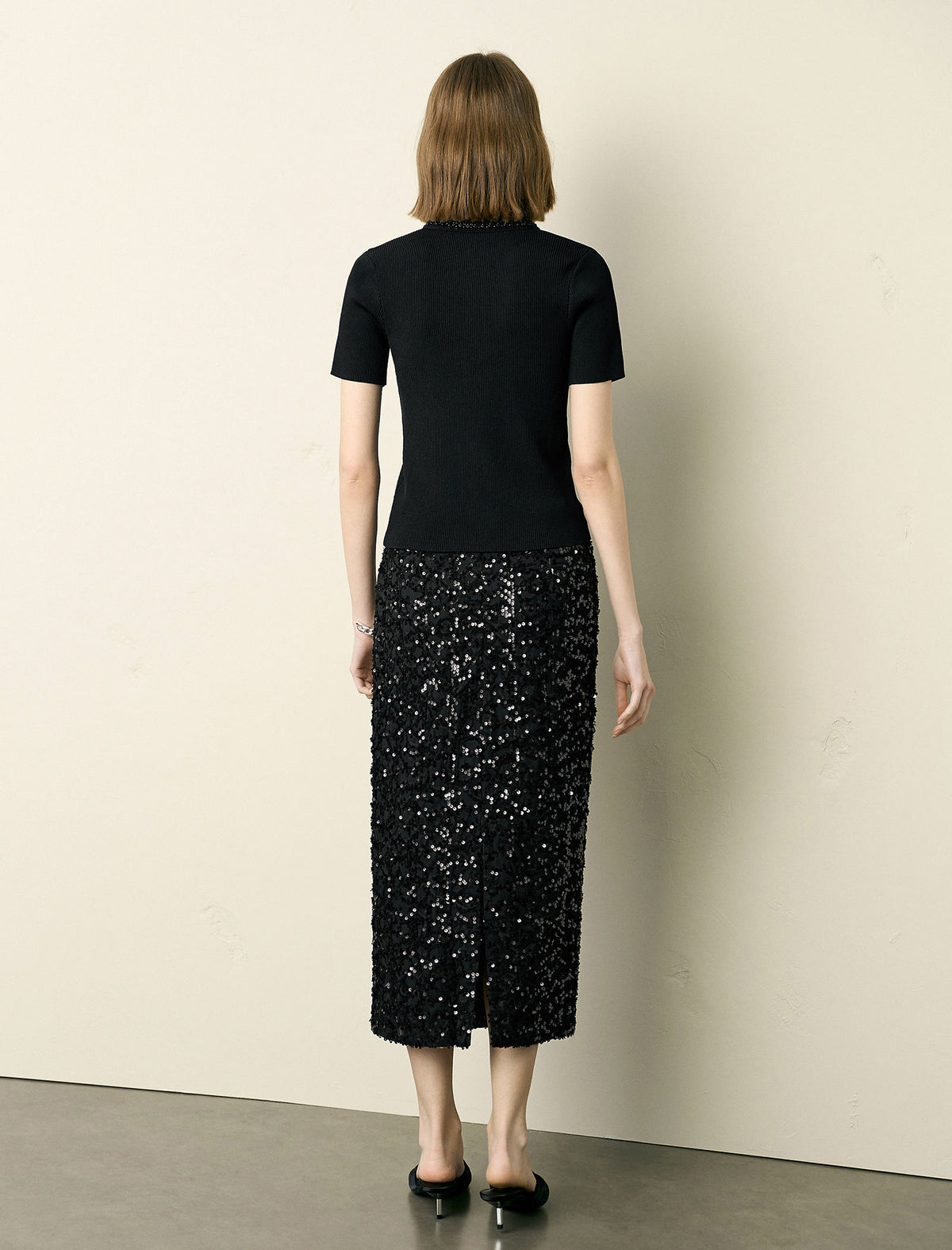 Sequined Back Slit Midi Skirt