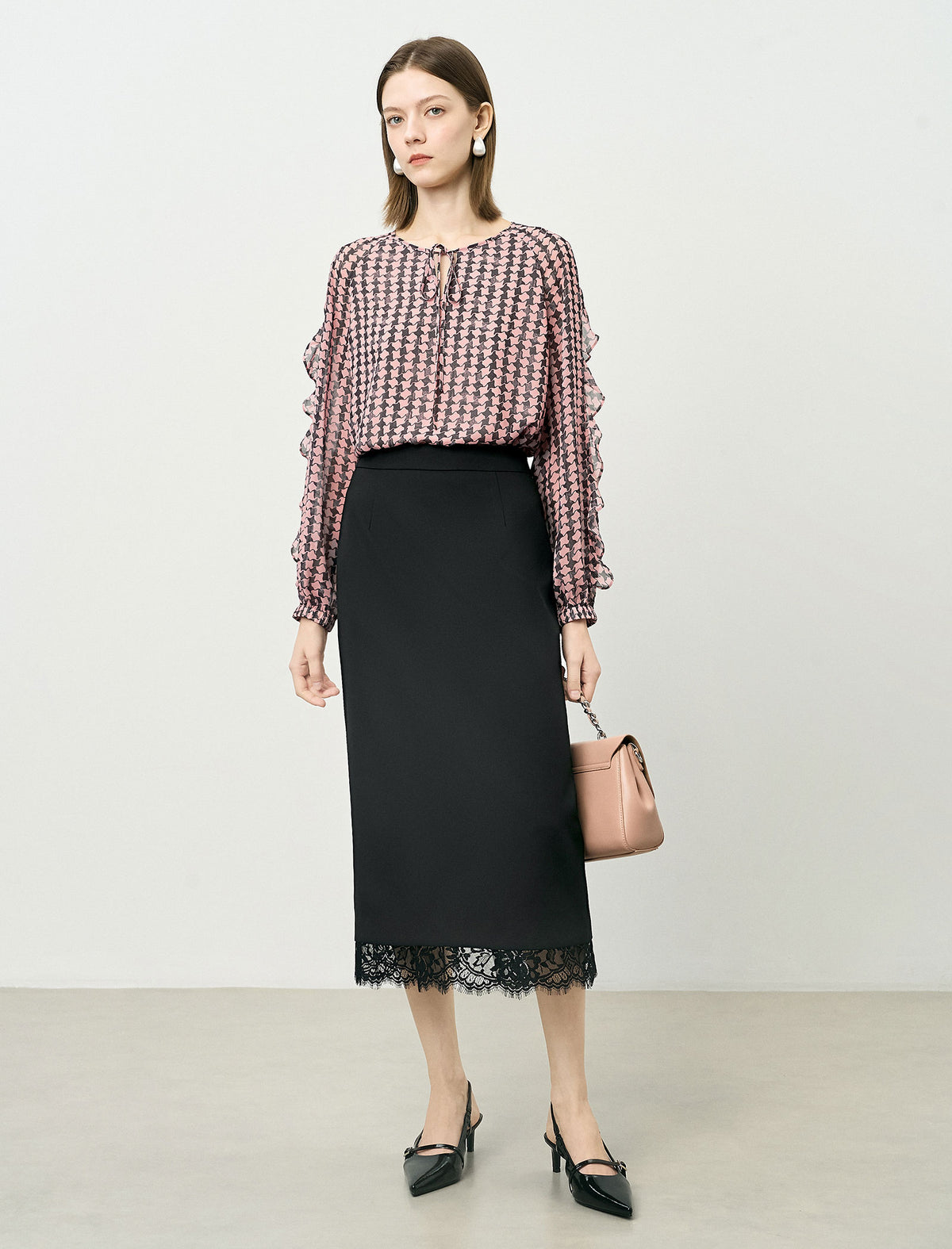 High Waist Lace Hem Back Slit Midi Pencil Skirt