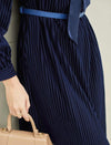 Navy Blue Tie Neck Pleated Midi Dress