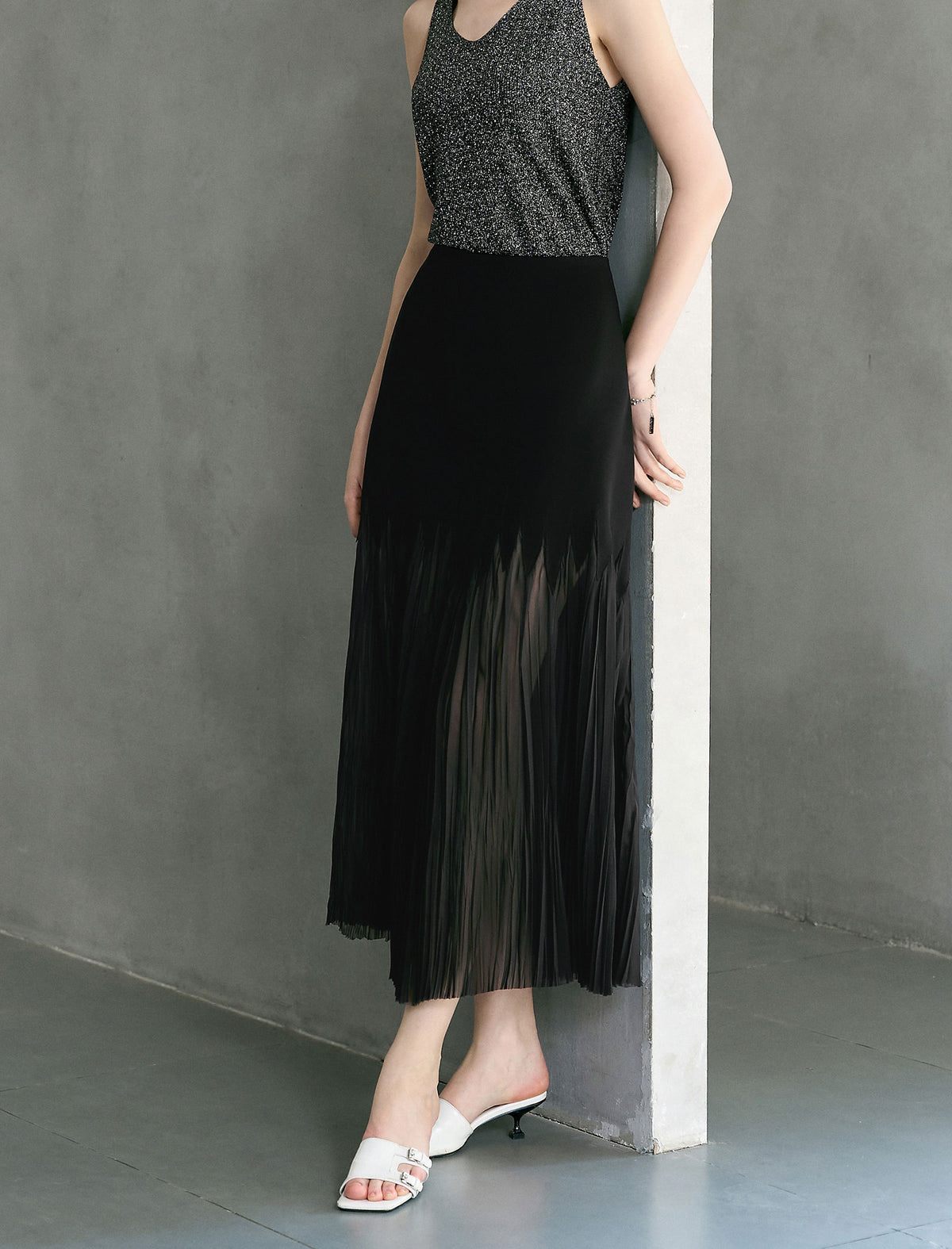 High-Waist Sheer Pleated Midi Skirt