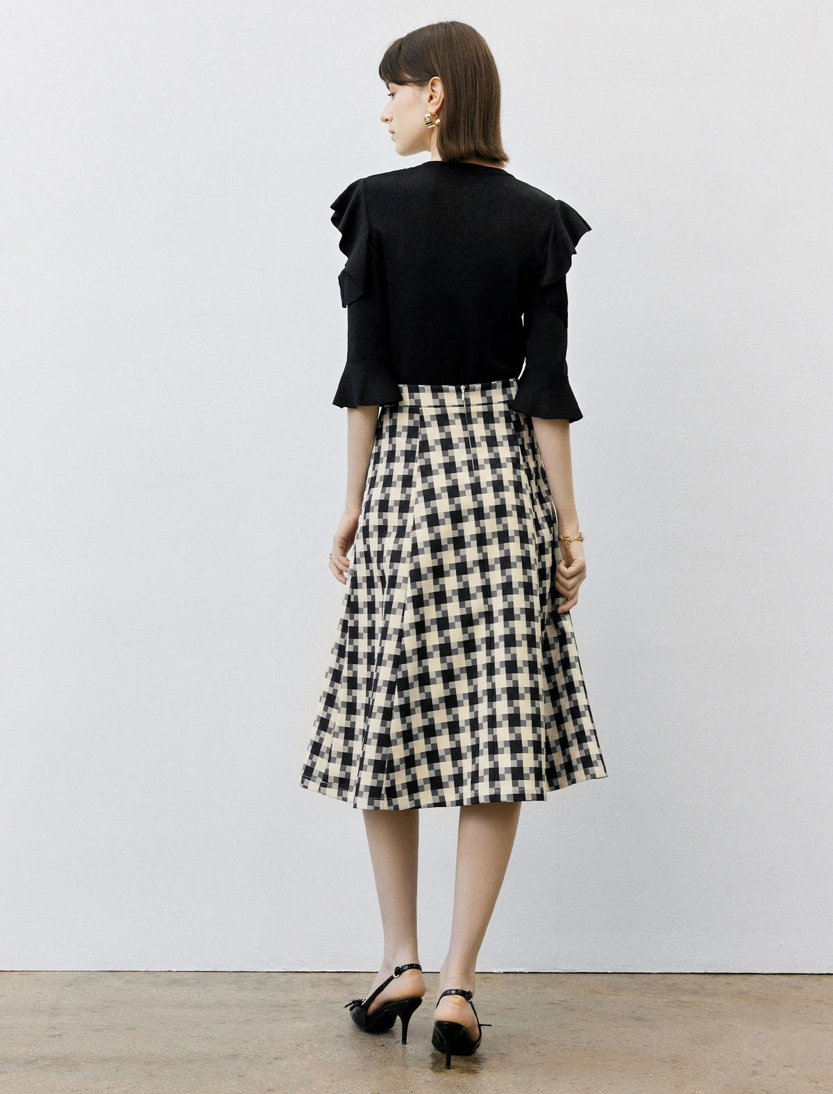 High Waist Pleated Houndstooth Midi Skirt