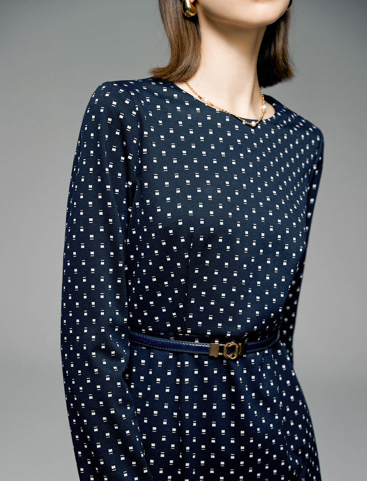 Polka Dot Round Neck Mermaid Long-Sleeve Midi Dress
