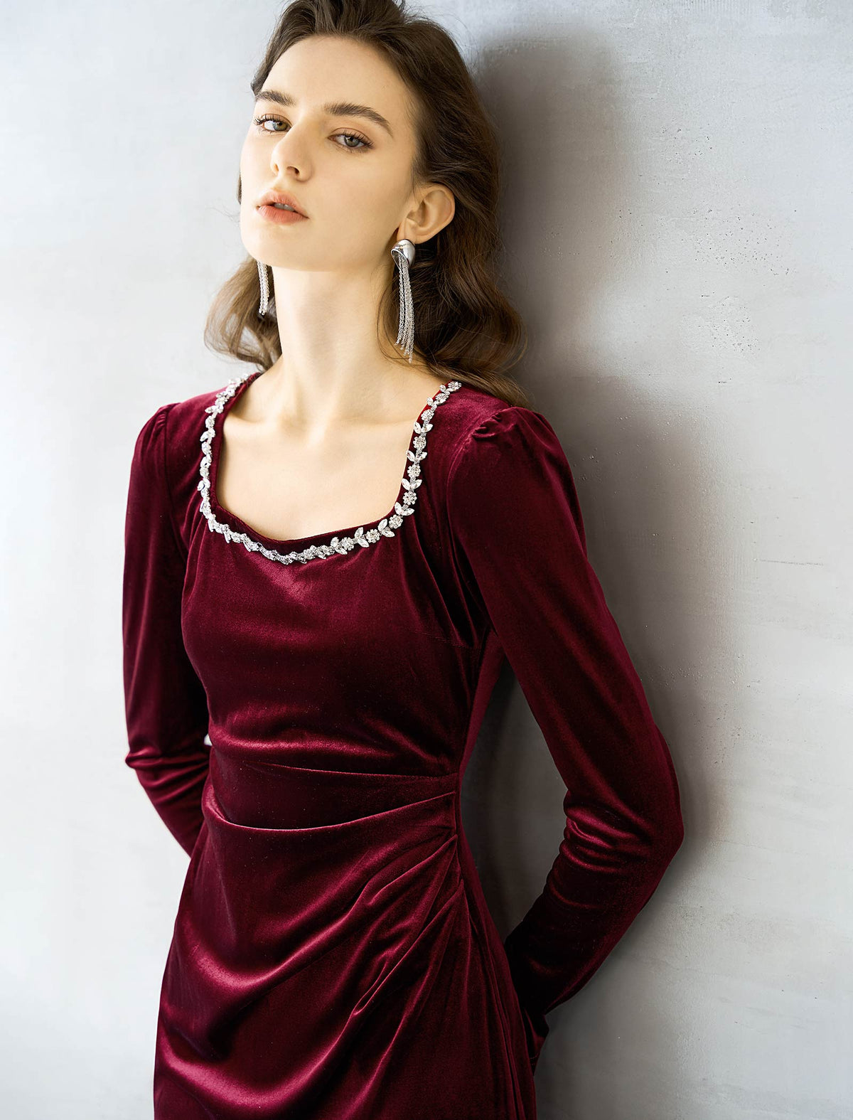 Burgundy Velvet Embellished Midi Dress