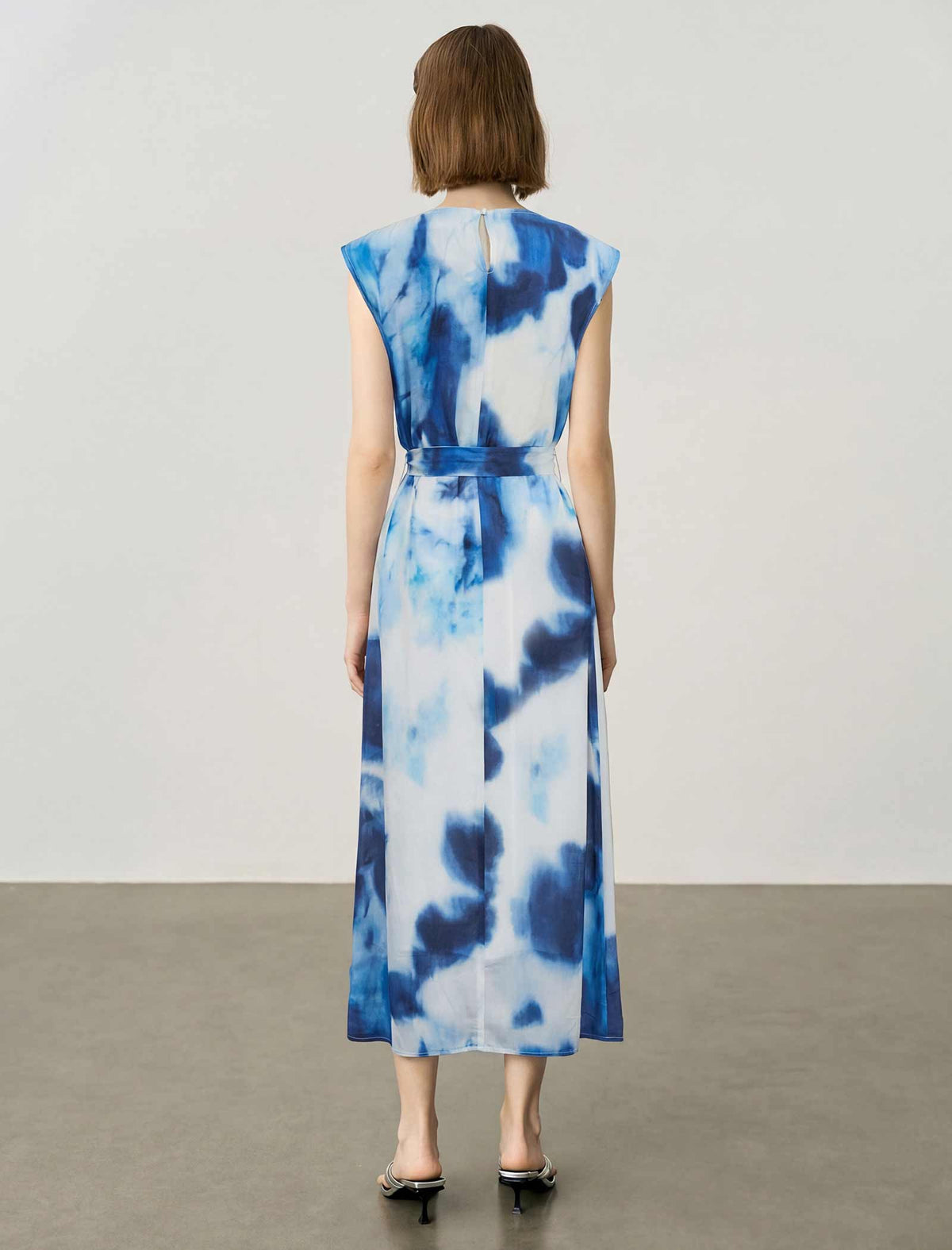 Watercolor Tie-Dye Round Neck Sleeveless Belted Silk Blend Midi Dress