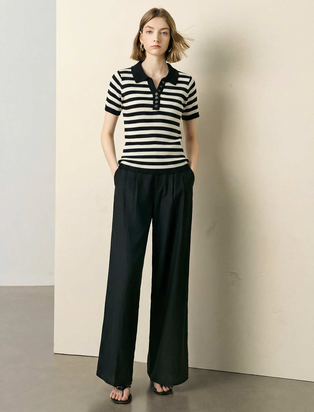 Stripe Polo Short‑Sleeve Knit Top