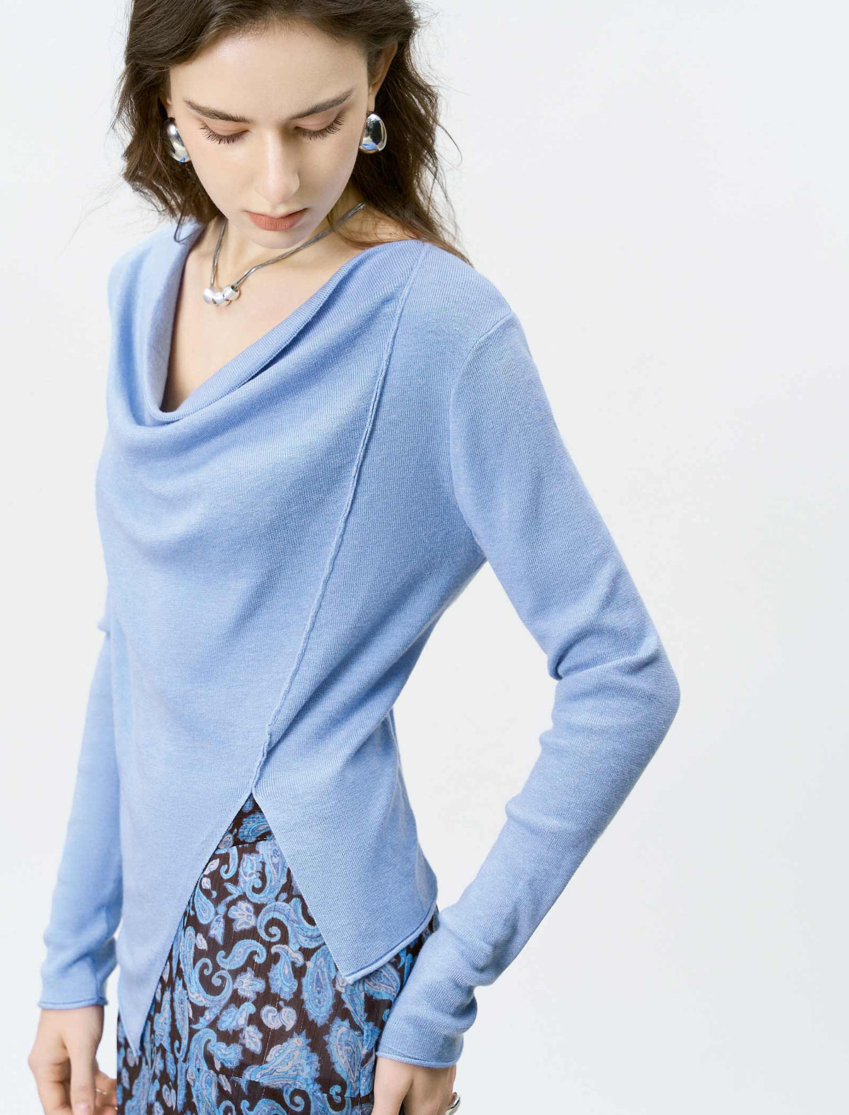 Cowl Neck Asymmetrical Knit Top