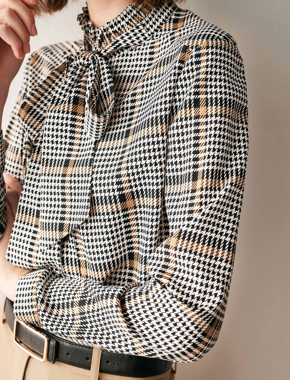 Plaid Tie Neck Blouse