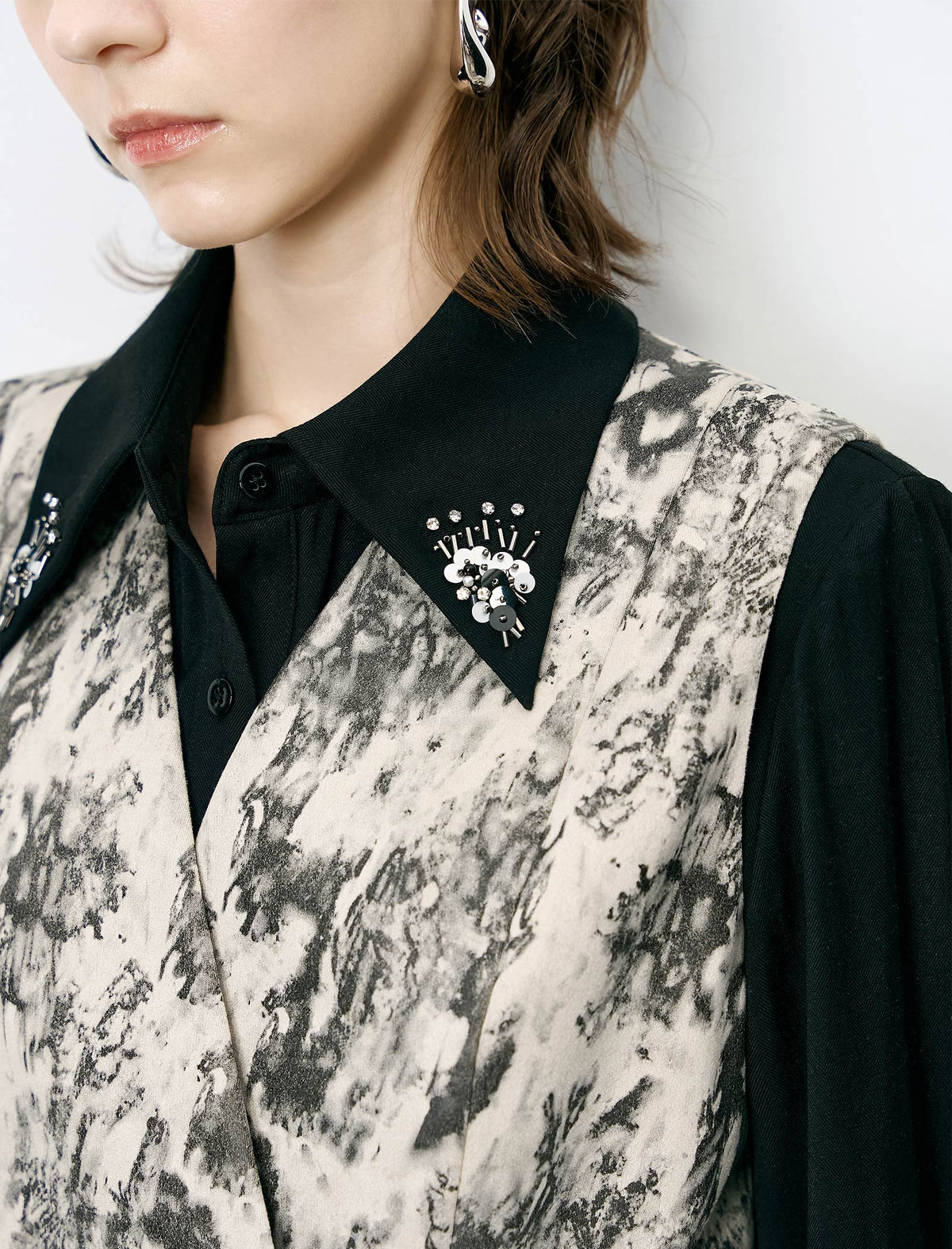 Abstract Print Embellished Collar Double-Breasted Midi Dress