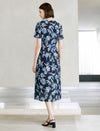 Dark Navy Mulberry Silk Floral Wrap Midi Dress