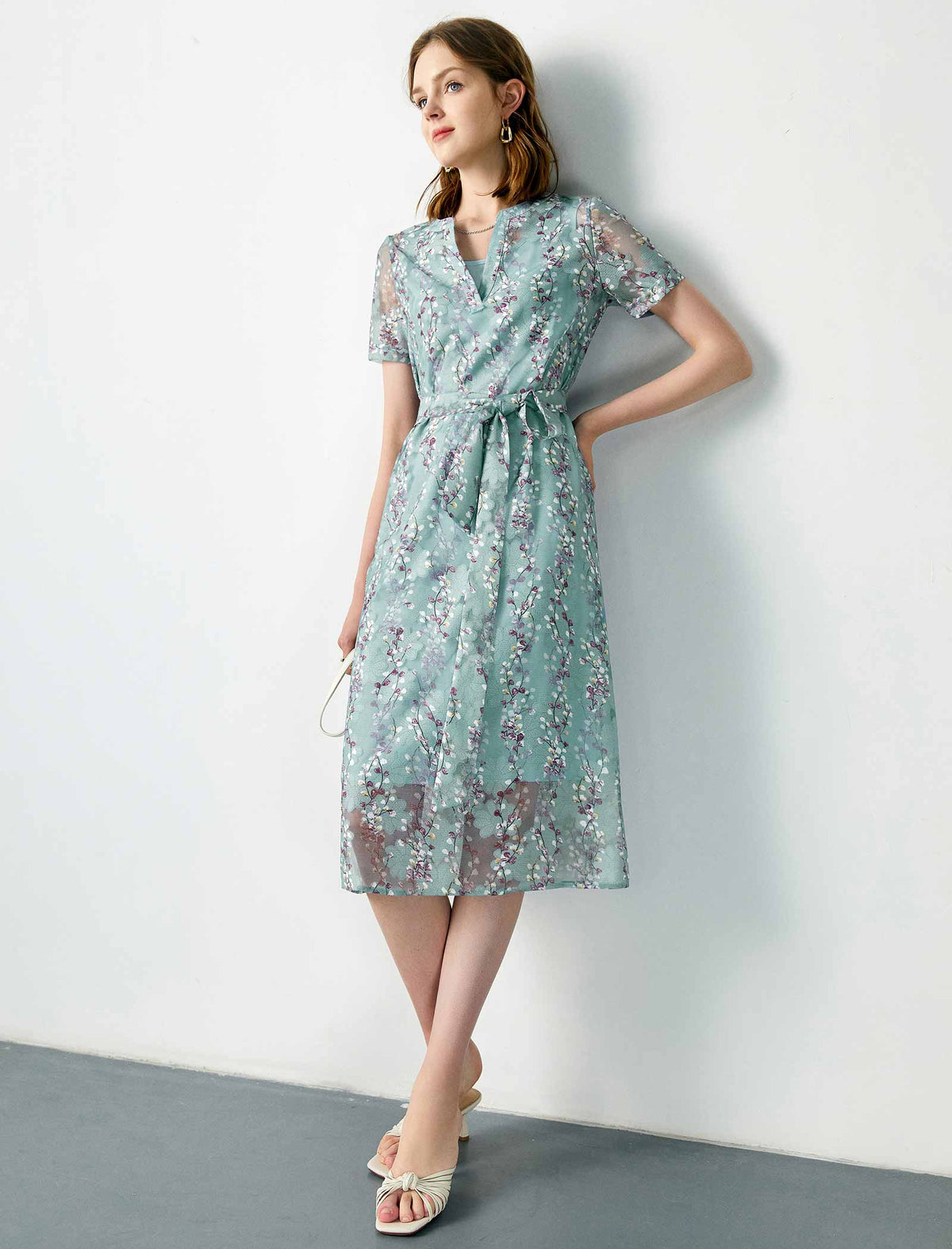 Lace Floral Waist-Cinched Dress