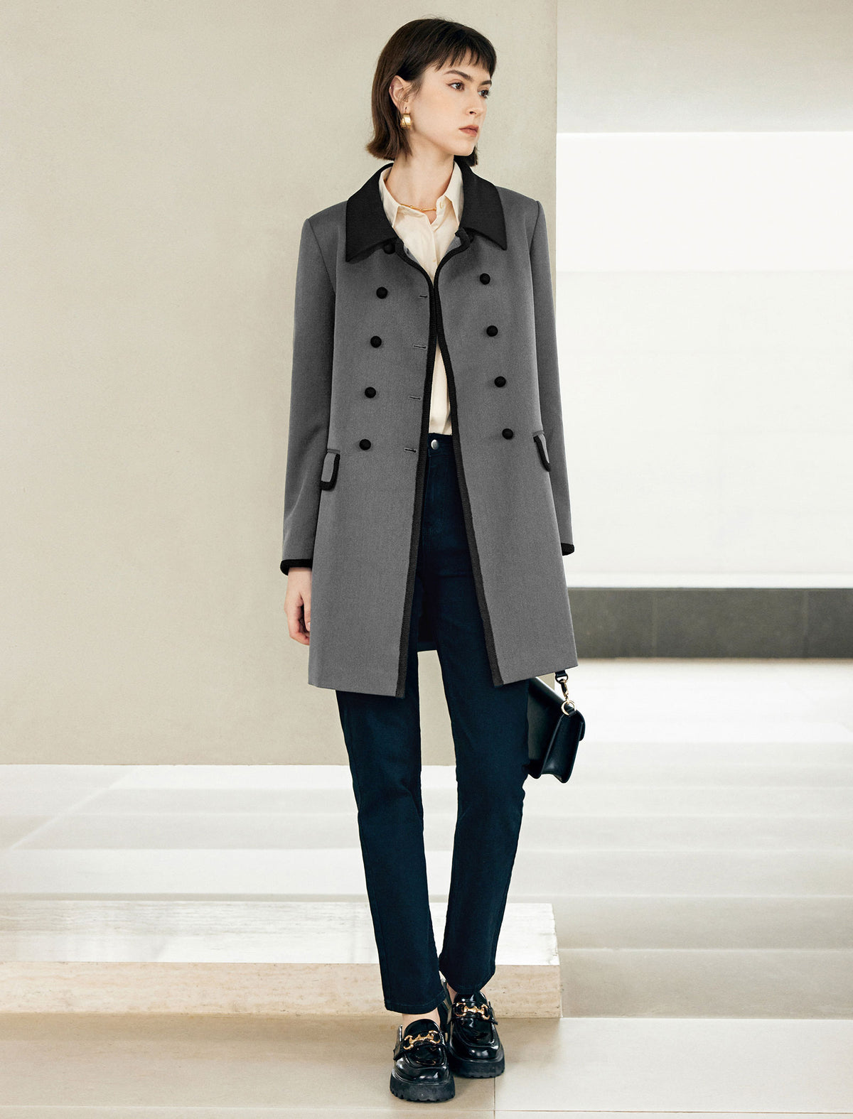 Contrast-Trim Double-Breasted Trench Coat