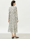 Pleated Tie-Neck Printed Metallic Trim Midi Dress