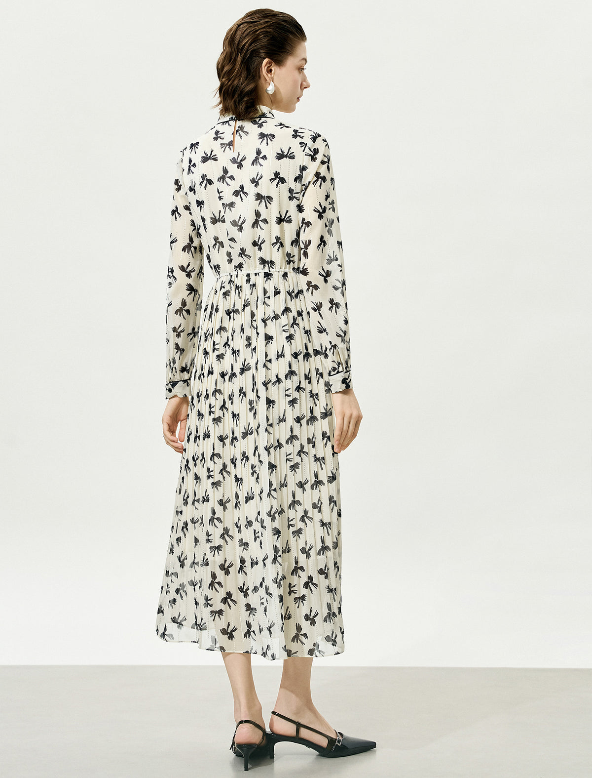 Pleated Tie-Neck Printed Metallic Trim Midi Dress