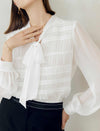 White Ruched Tie-Neck Blouse