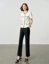 Elegant Black Trim Pearl Button Short Sleeve Jacket