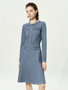 Textured Tweed Long-Sleeve A-Line Dress with Pearl Buttons