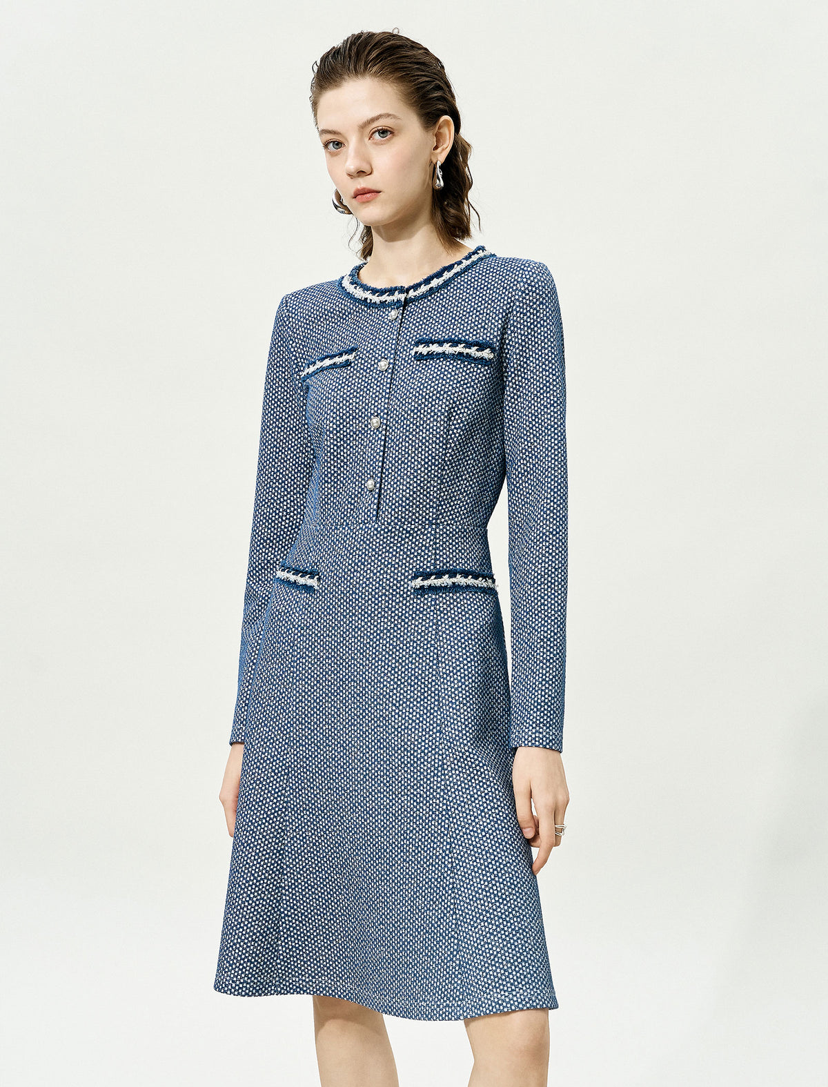 Textured Tweed Long-Sleeve A-Line Dress with Pearl Buttons