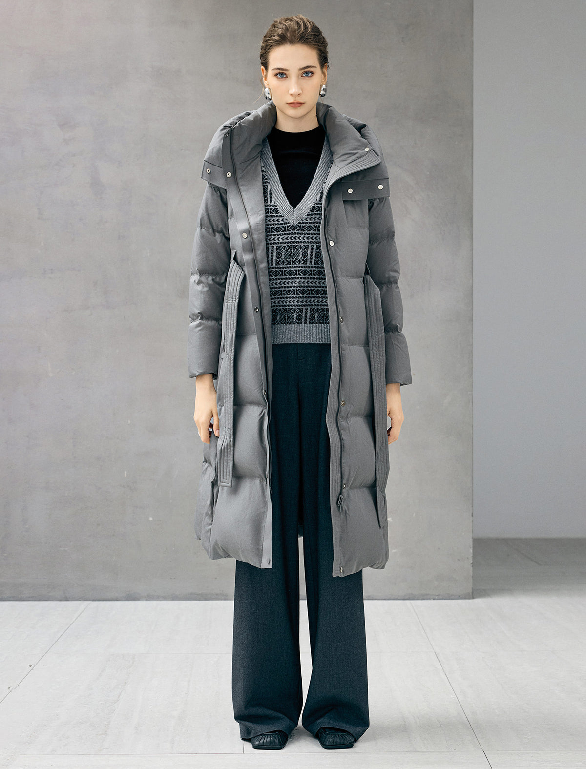 Belted Quilted Zip-Front Long Puffer Coat