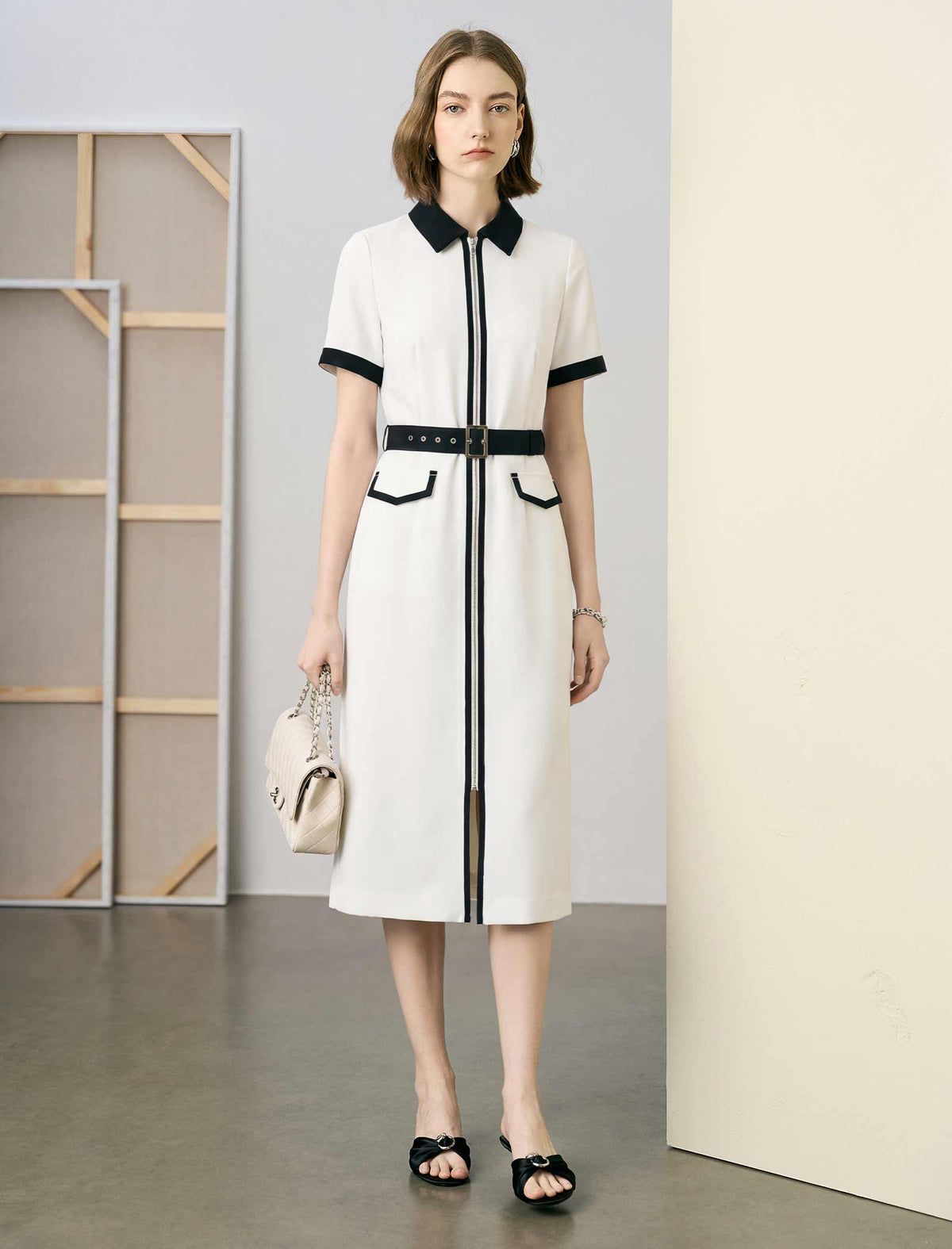 Contrast Collar Zip Front Belted Pencil Midi Office Dress