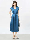 Acetate Satin V-Neck Belted Midi Dress