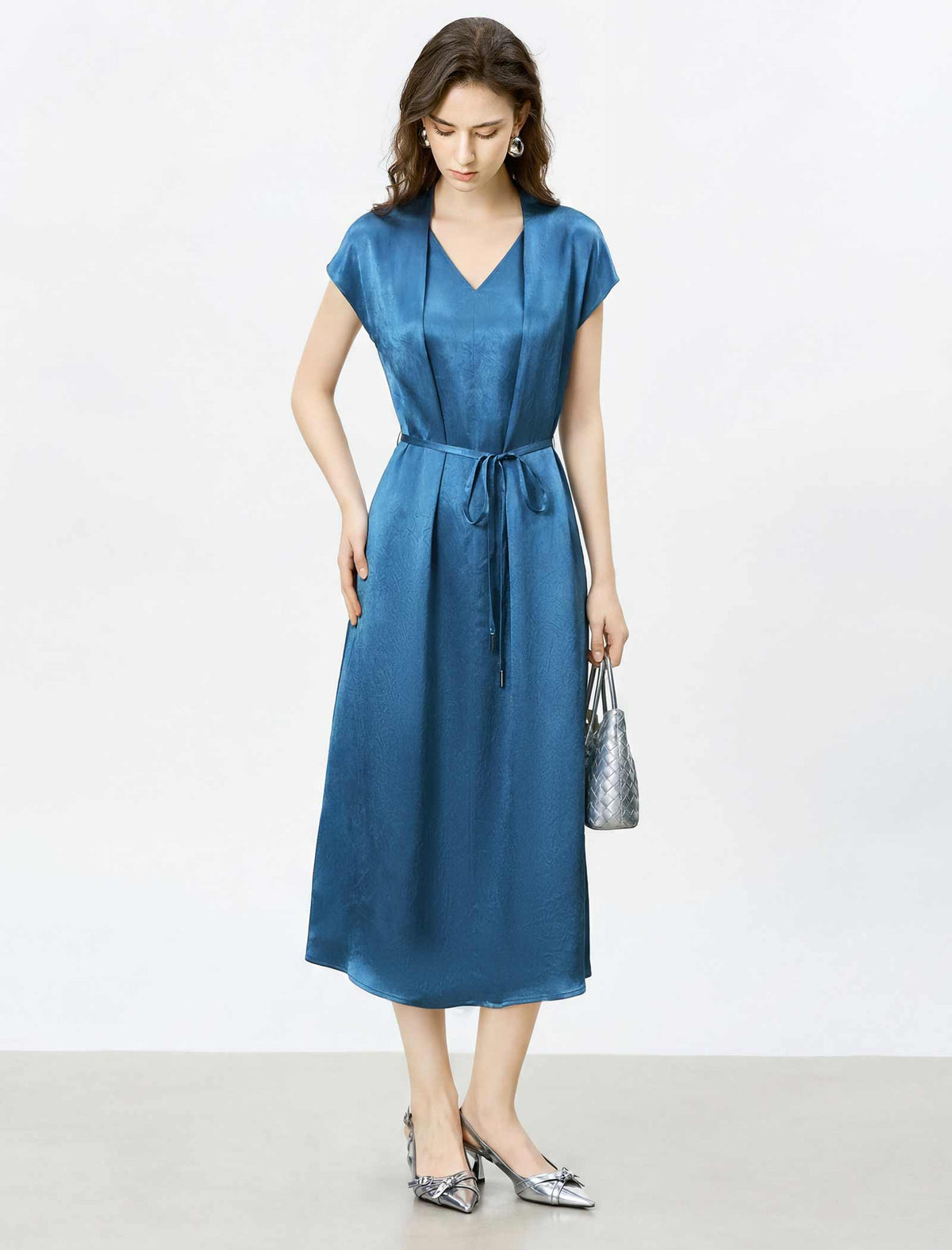 Acetate Satin V-Neck Belted Midi Dress
