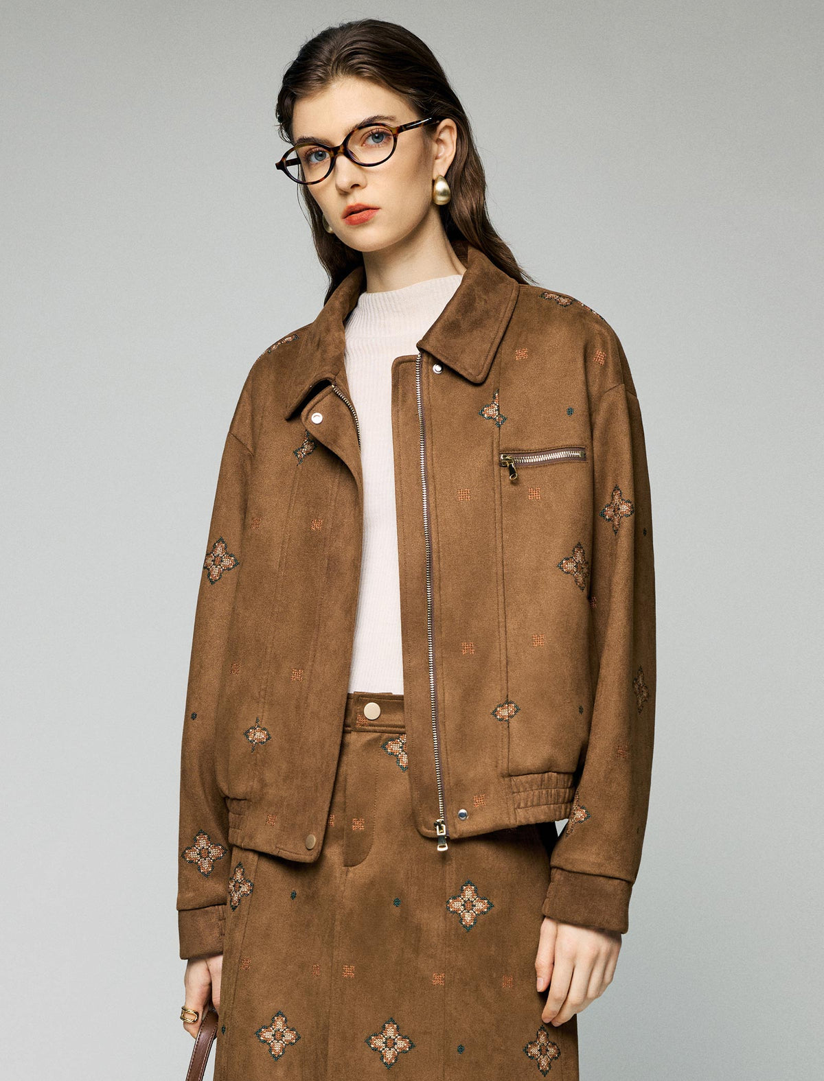 Embroidered Floral Collared Pocket Cropped Jacket