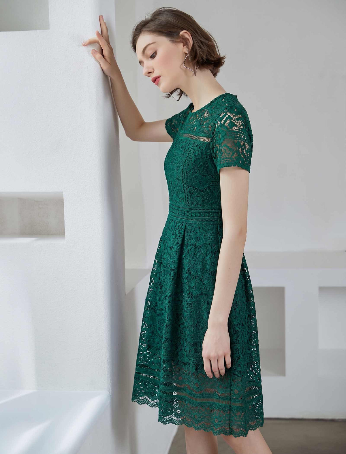 Vintage Lace Waist-Cinched Ruffle Dress