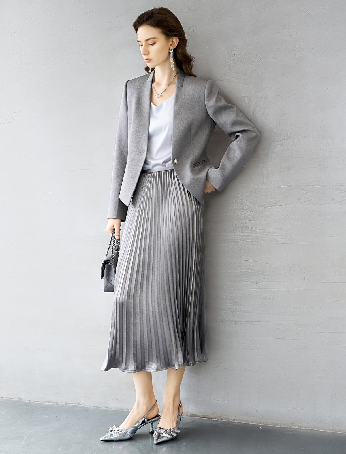 Grey Metallic Pleated Midi Skirt