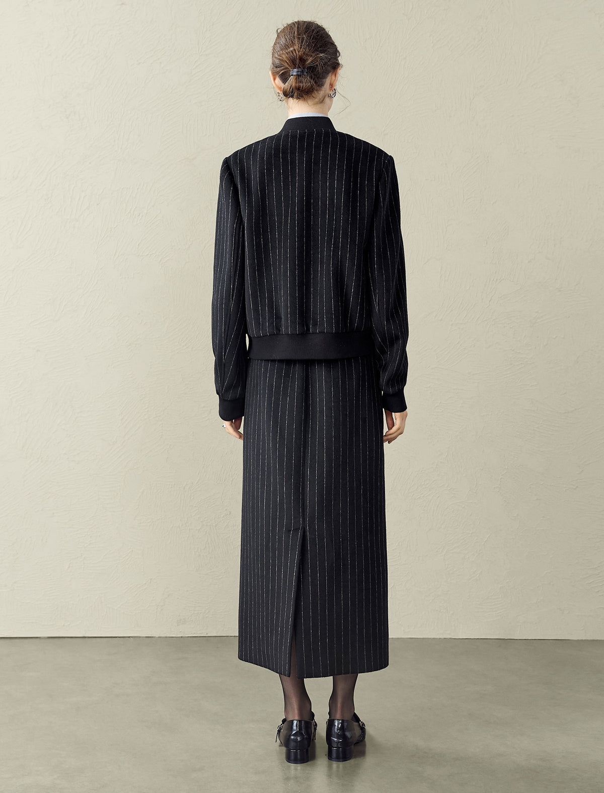 Wool-Blend Black Pinstripe Bomber Jacket