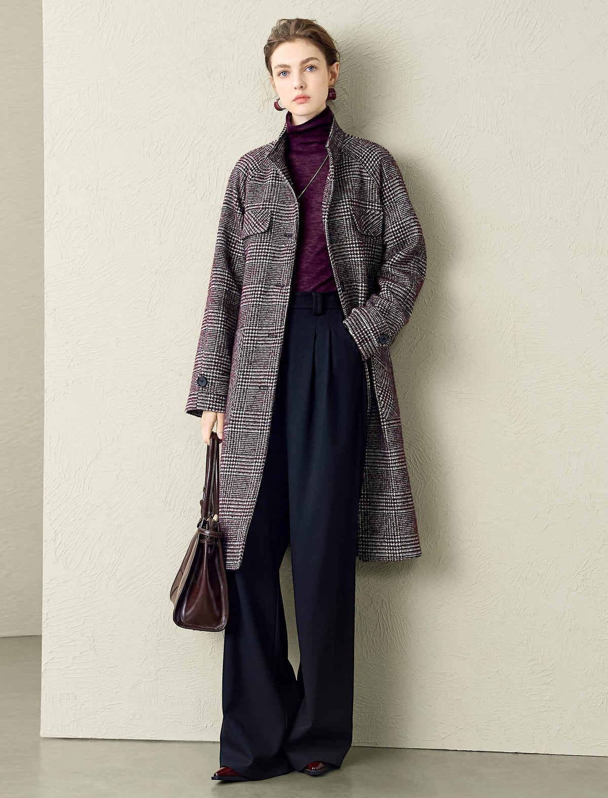 Classic Plaid Wool-Blend Stand Collar Coat