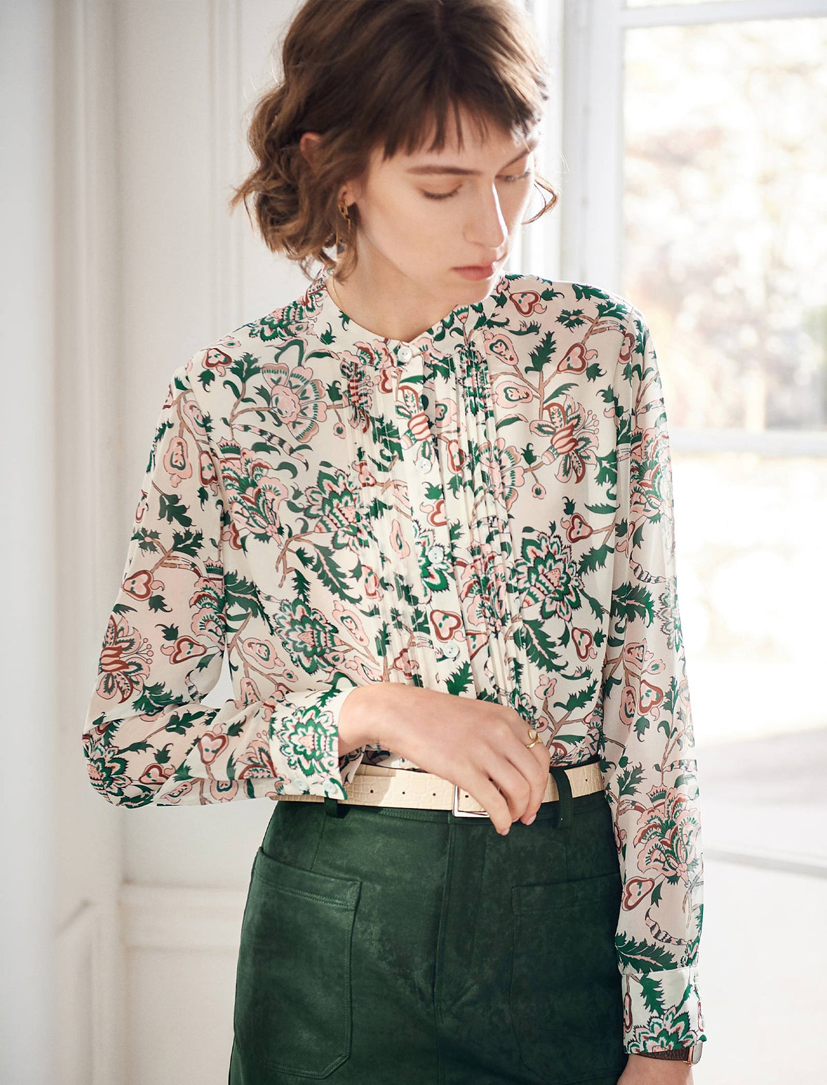 Floral Gathered Detail Mock-Neck Blouse