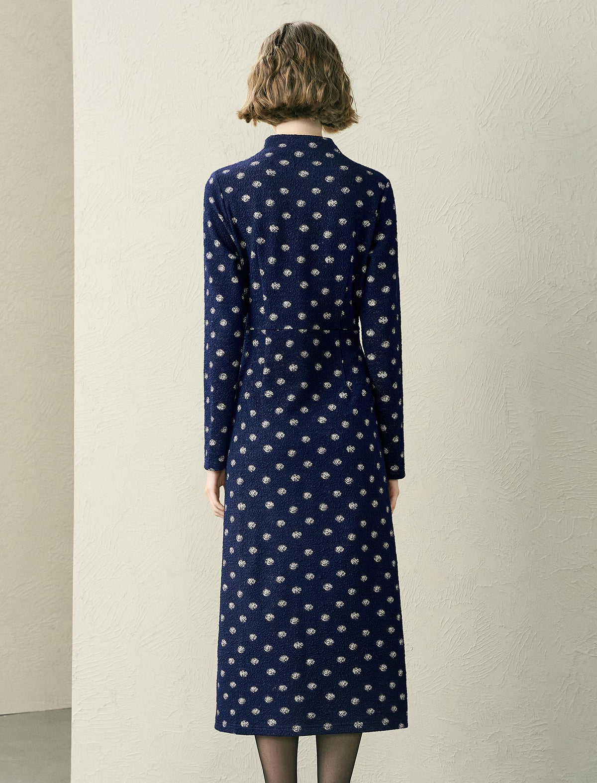 Textured Dot Print Mock Neck Twist-Front Midi Dress