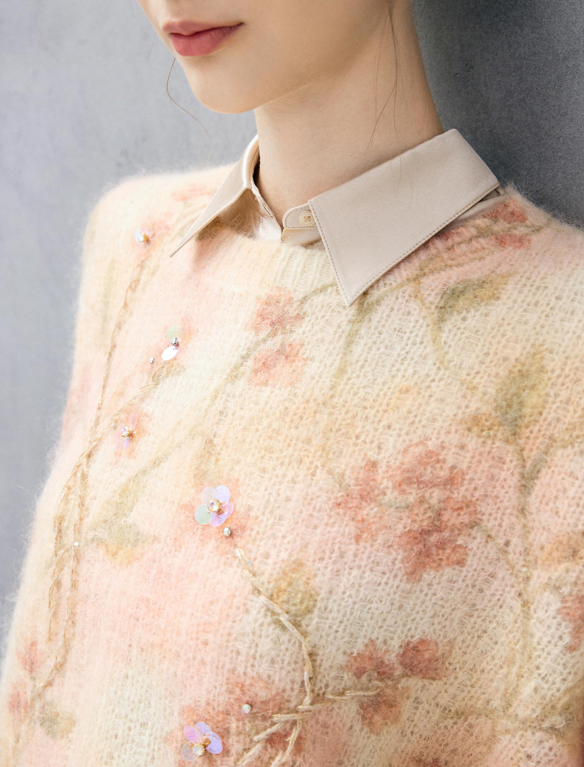 Wool Blend Floral Sequin Crewneck Relaxed Sweater