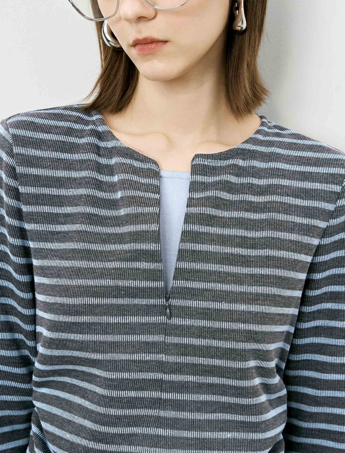 Stripe Long-Sleeve Notch-Neck Ruched Top