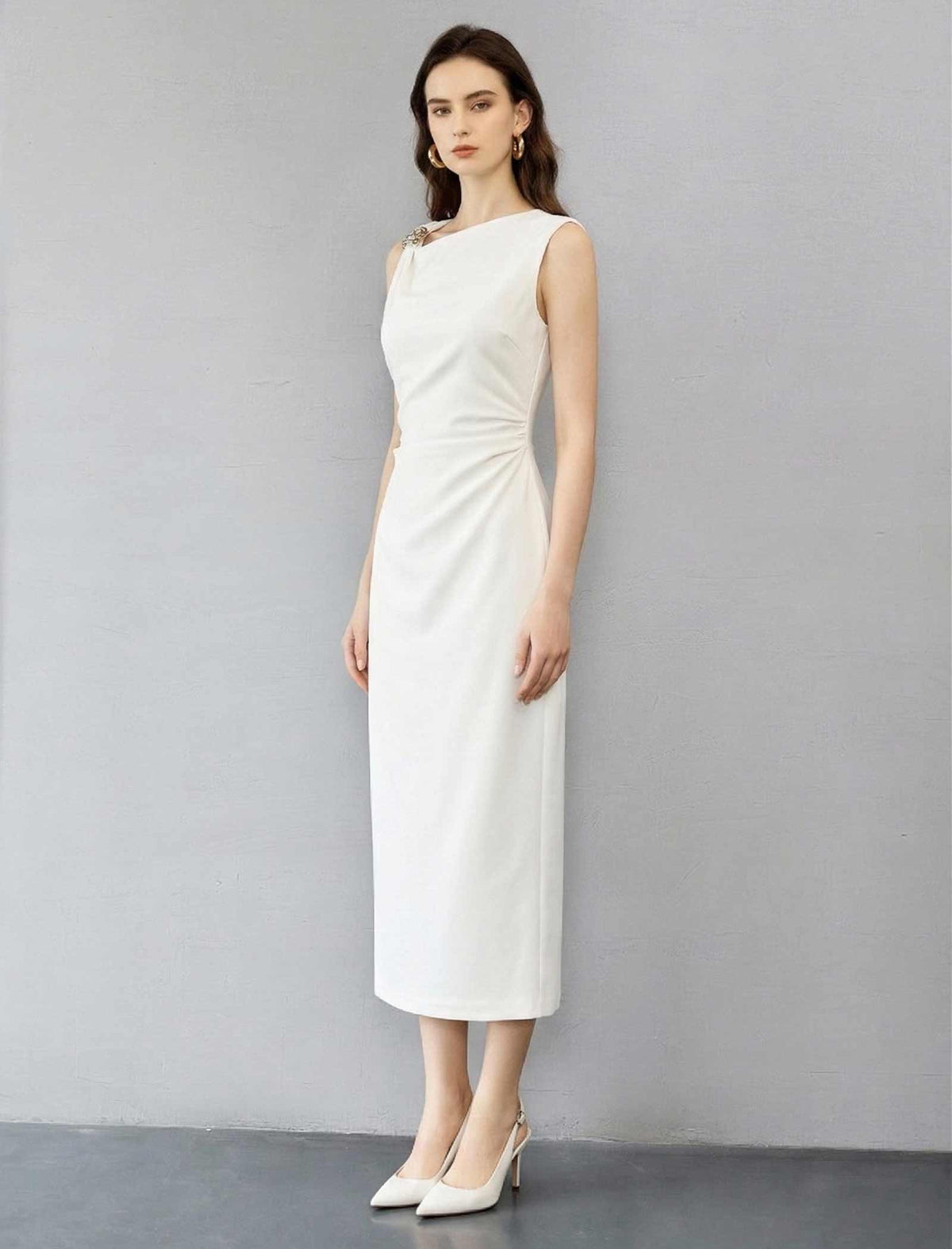 Asymmetric Ruched Metallic Detail Midi Dress