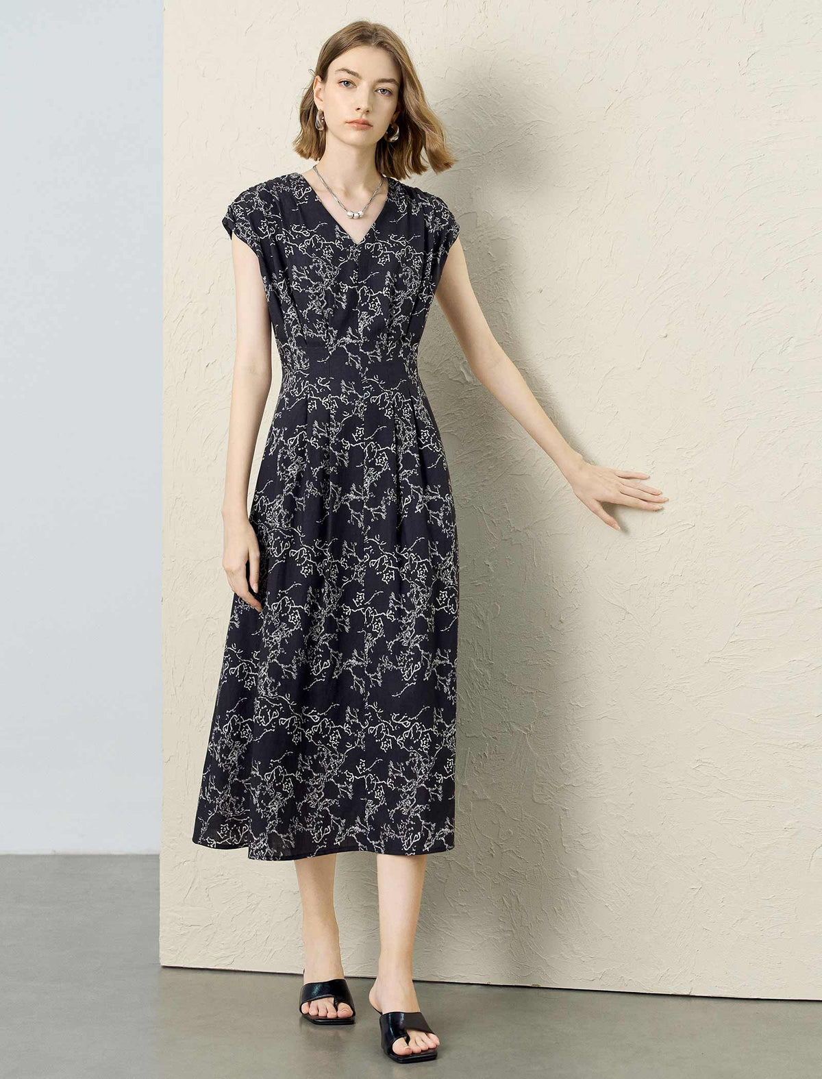Floral V-Neck Cap Sleeve Belted Tencel Linen Midi Dress