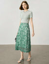 Sage Green Floral Leaf Lace High Waist A-Line Midi Skirt