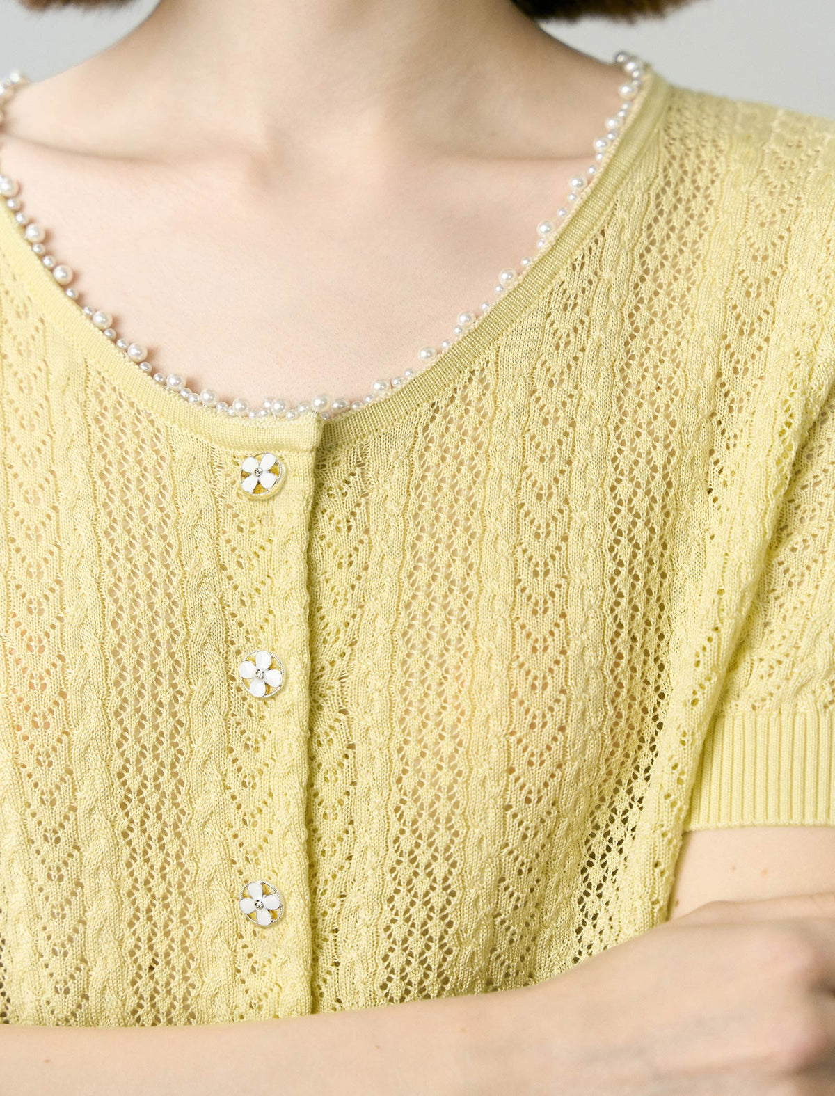 Pale Yellow Tencel Pearl Trim Knit Cardigan