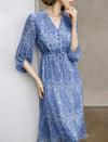 V‑Neck Drawstring Floral Chiffon Midi Dress