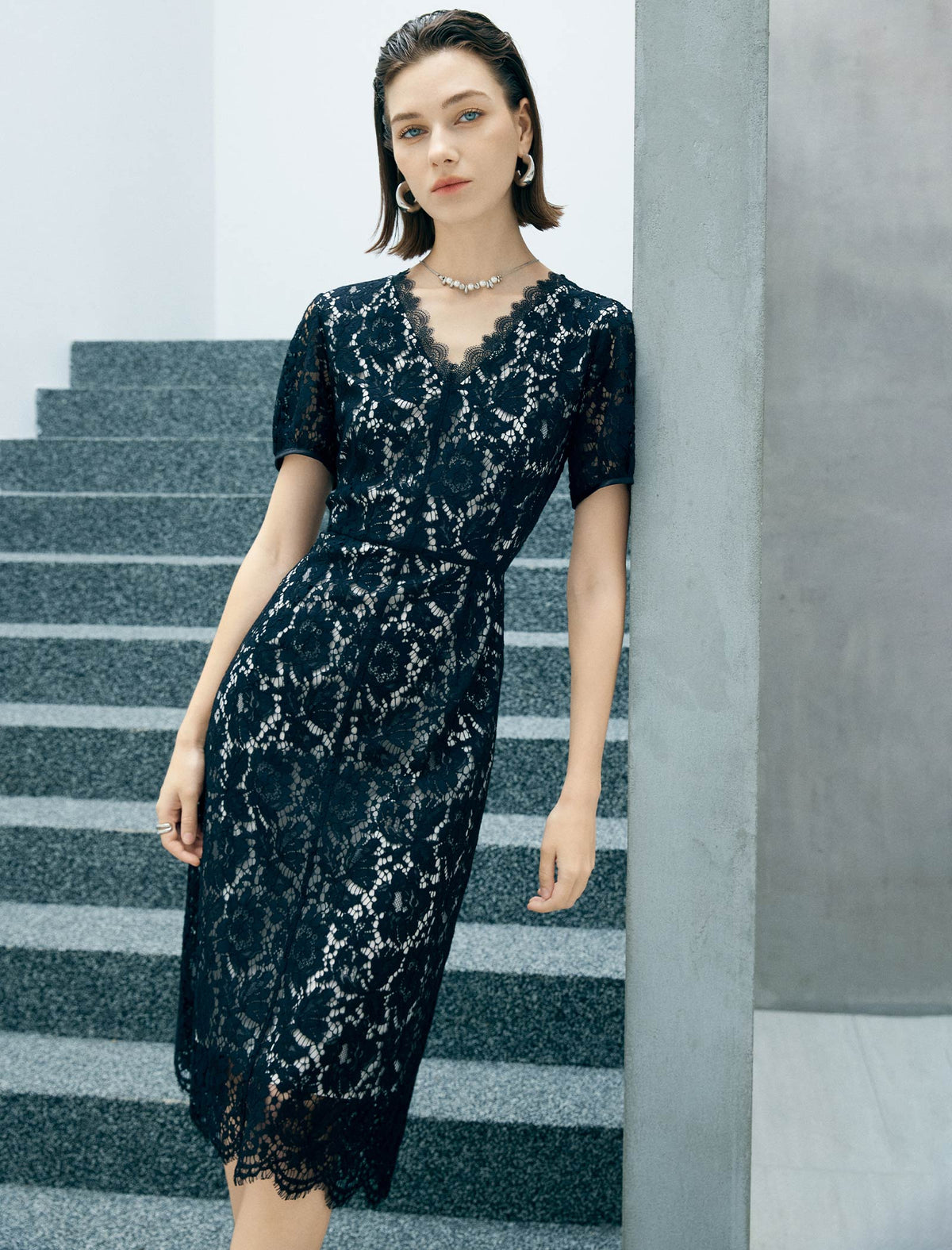 Black Floral Lace V-Neck Short Sleeve Fit And Flare Midi Dress