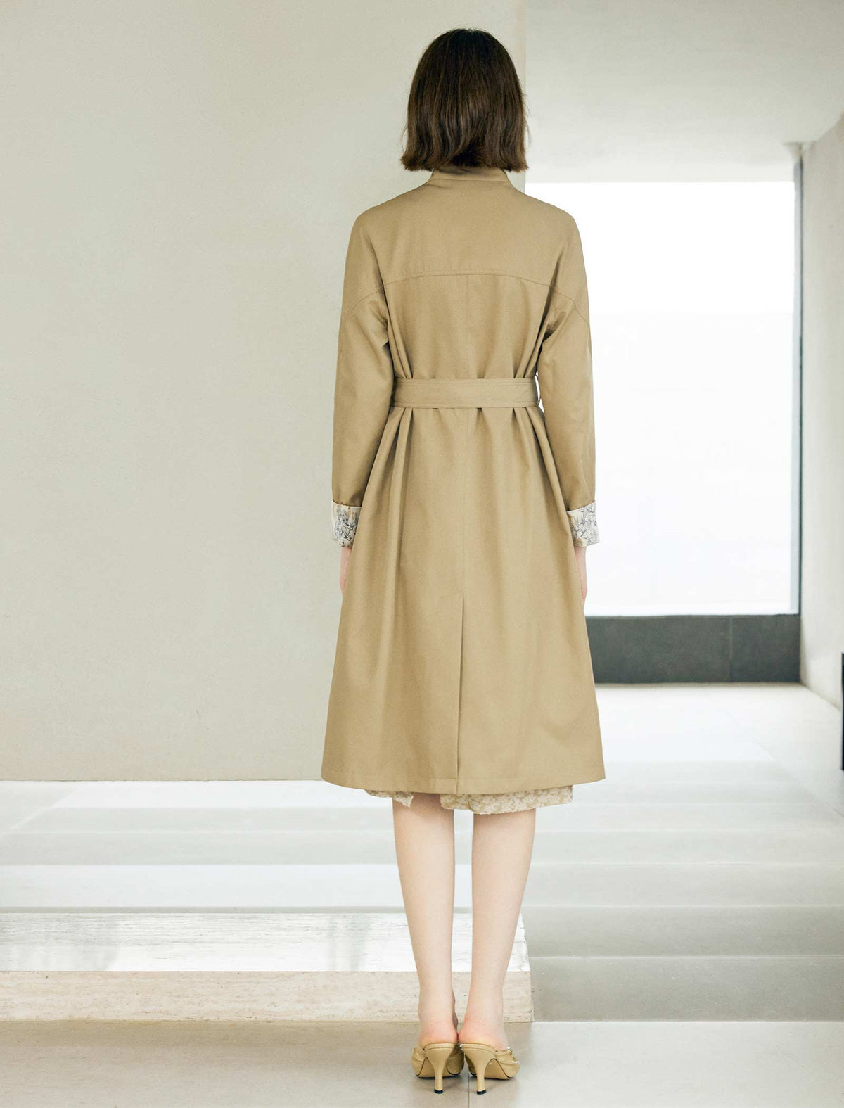Floral Cuff Stand-Up Collar Belted Trench Coat