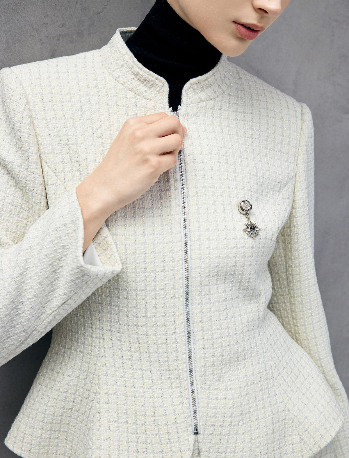 Wool Blend Stand-Collar Zip-Front Peplum Jacket