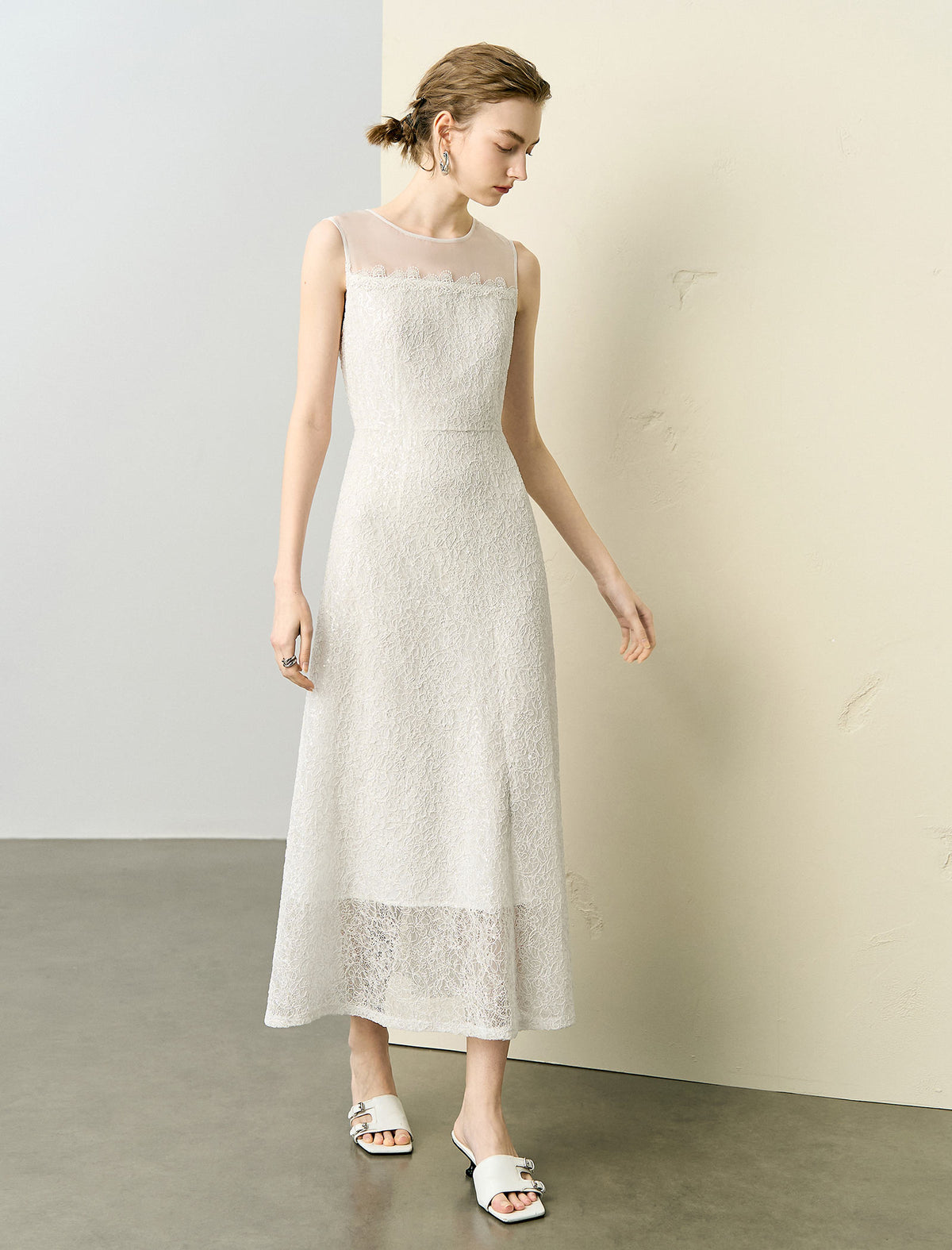 Sheer Neckline Lace Midi Dress