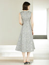 Elegant Jacquard Round Neck Waist-Defining Midi Dress