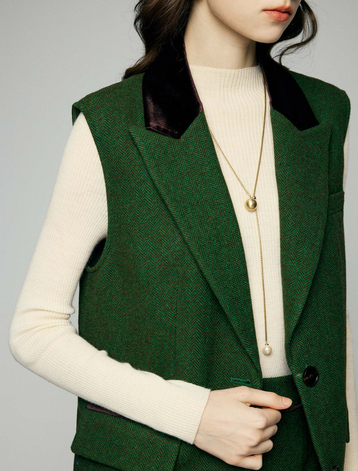 Wool Blend Contrast-Trim Notched-Lapel Button-Front Long Vest