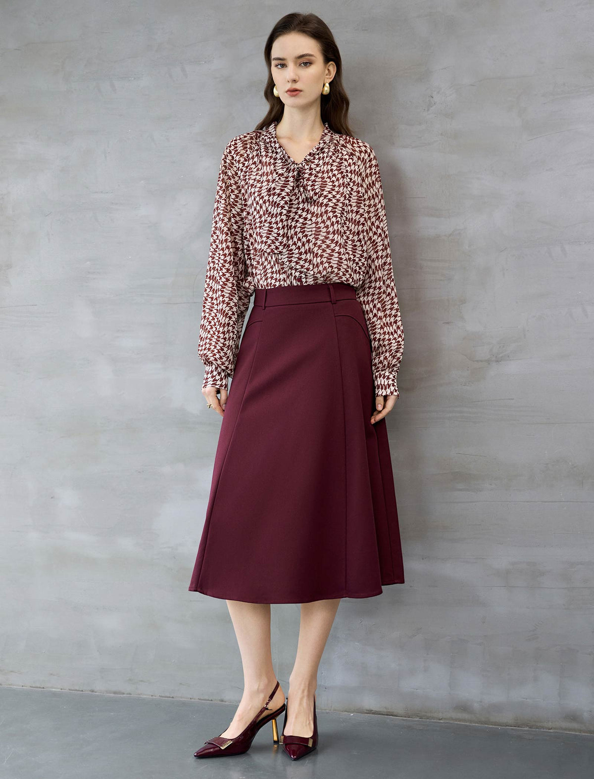 Burgundy High Waisted A Line Midi Skirt