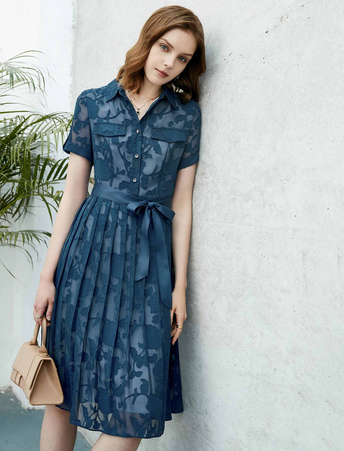 Cinched Waist Short Sleeve Lace Shirt Dress