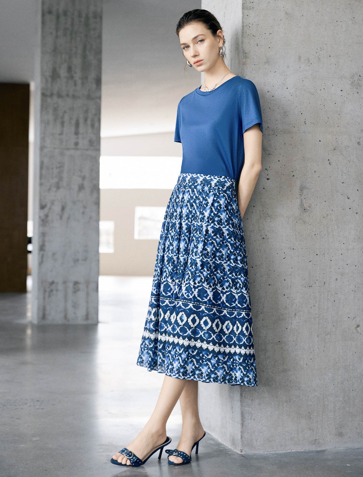 Geometric Tie-Dye High Waist Pleated Midi Skirt