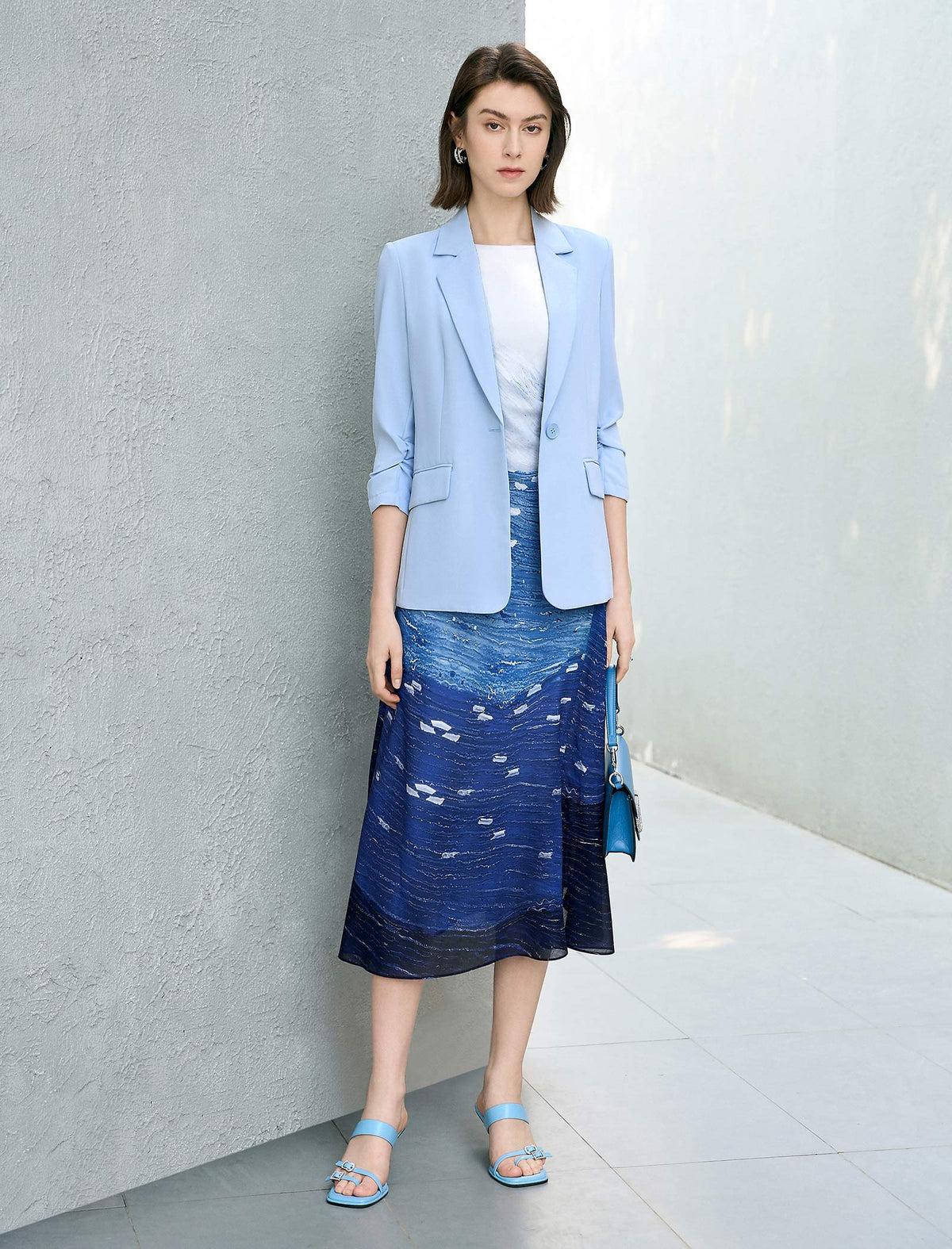 Single Button Ruched Sleeve Blazer