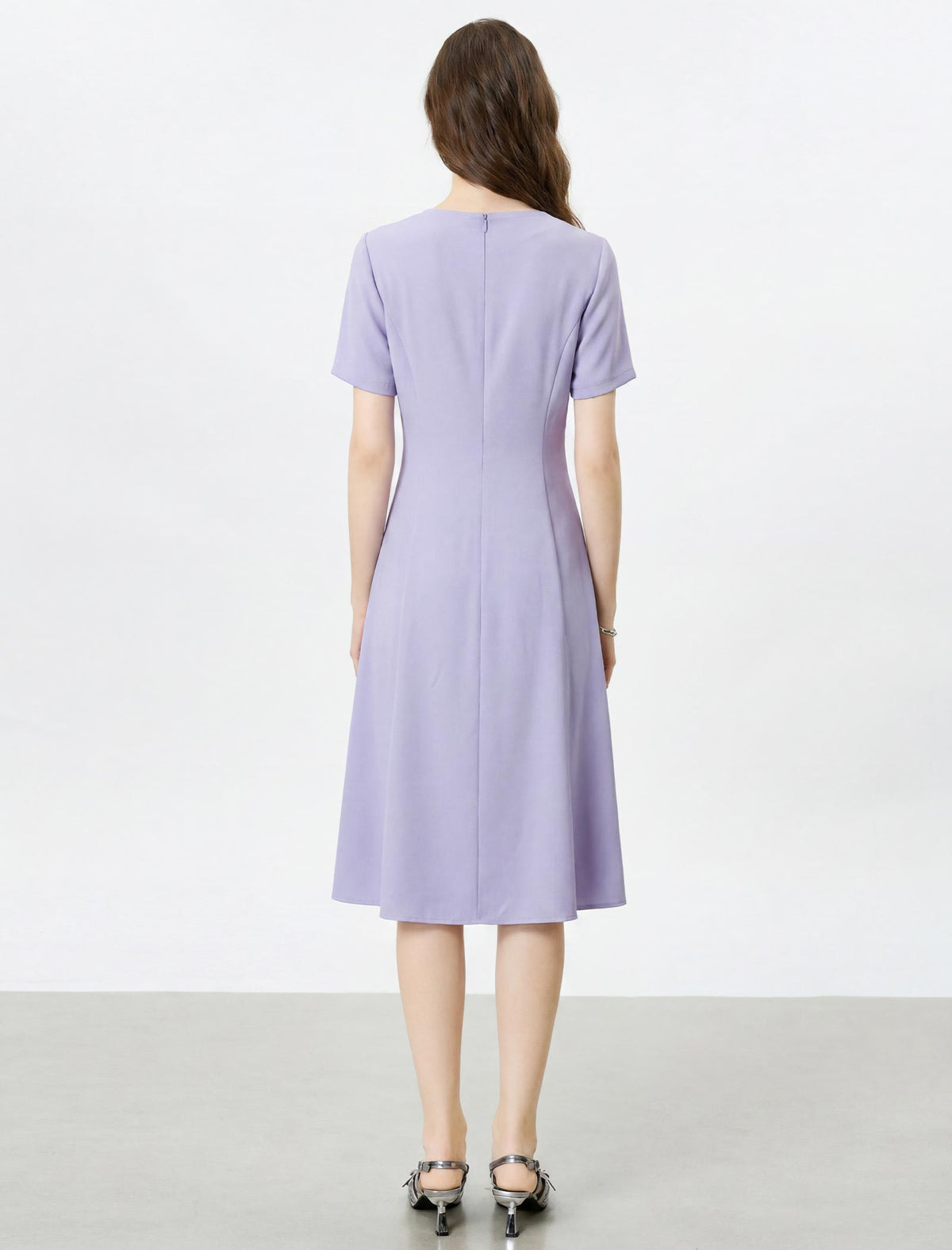Lavender Seamed Short Sleeve Fit And Flare Midi Dress